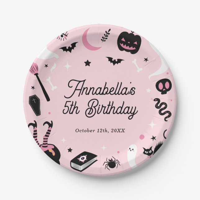 Pink Halloween Girl Birthday Party Paper Plate (Front)