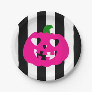 pink halloween heart pumpkin striped paper plate