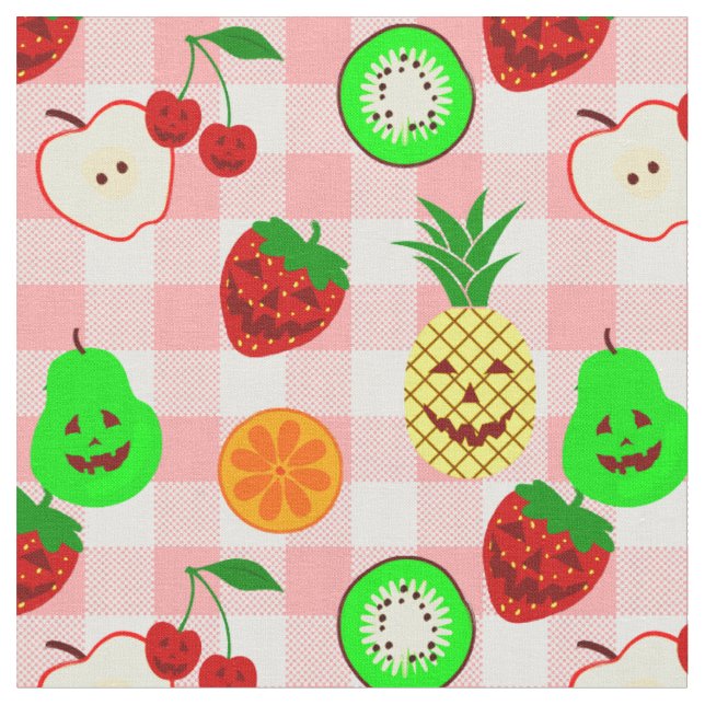 pink halloween jack o'lantern fruit gingham fabric (Close Up)