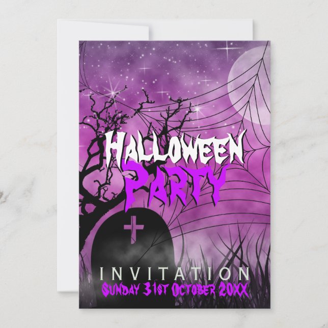 Pink Halloween Moon+Spider Web Invitation (Front)