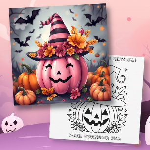 Pink Halloween Pumpkin & Colouring Page Personalis Card