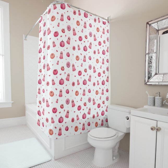 Pink Halloween Pumpkins Shower Curtain (In Situ)