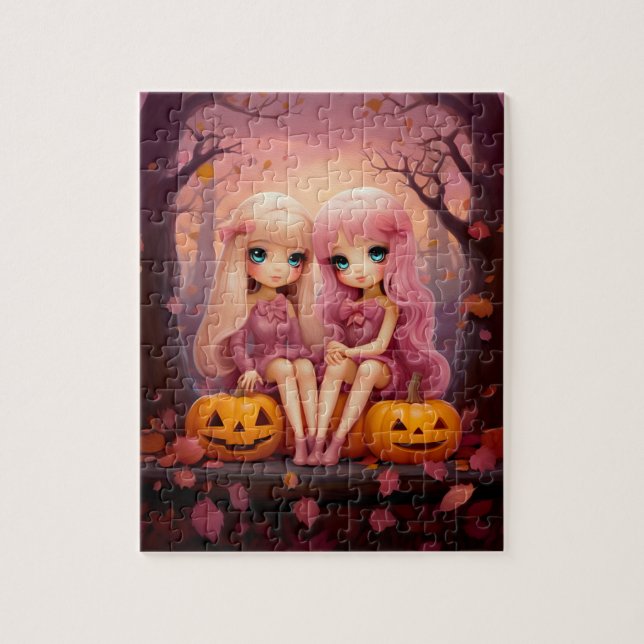 Pink Halloween sister twin girls in the park Jigsaw Puzzle (Vertical)