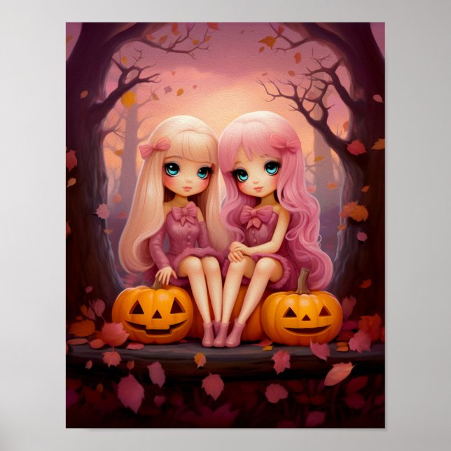 Pink Halloween sister twin girls in the park Poster (Front)