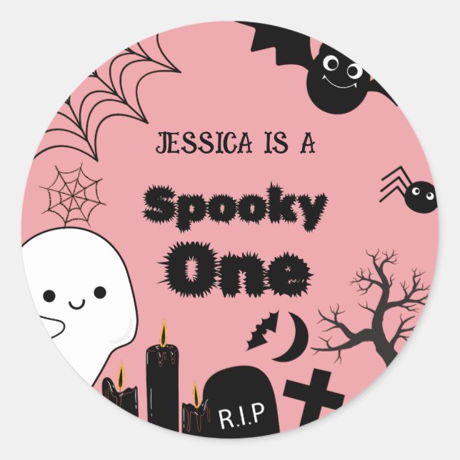 Pink Halloween Sppoky One First Birthday party Classic Round Sticker (Front)