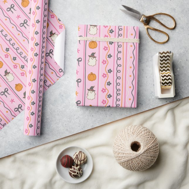 Pink Halloween Striped Pattern Wrapping Paper Roll (Crafts)