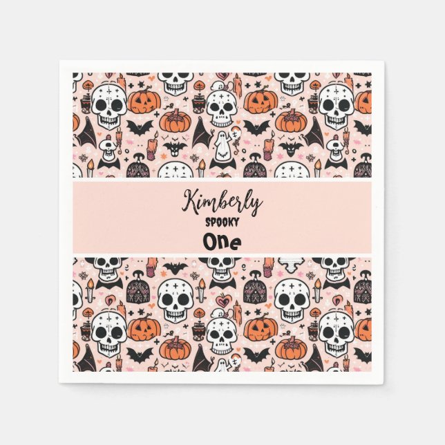 Pink Halloween Trick or Treat Custom Family Name Napkin (Front)