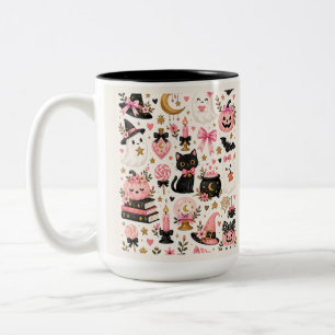 Pink Halloween Witchy Cute Ghosts Black Cat Pumpki Two-Tone Coffee Mug