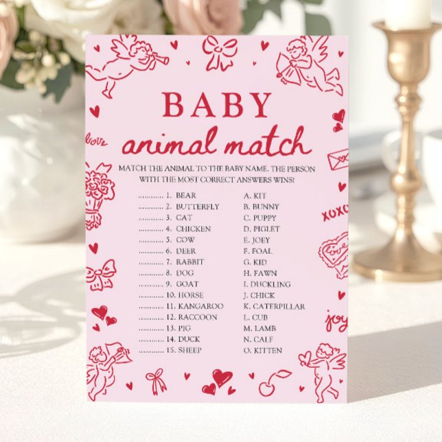 Pink Hand Drawn Baby Animal Match Baby Shower Game Invitation (Pink Hand Drawn Baby Animal Match Baby Shower Game)