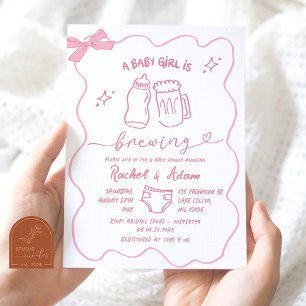 Pink Hand Drawn Baby is Brewing Baby Shower Invitation