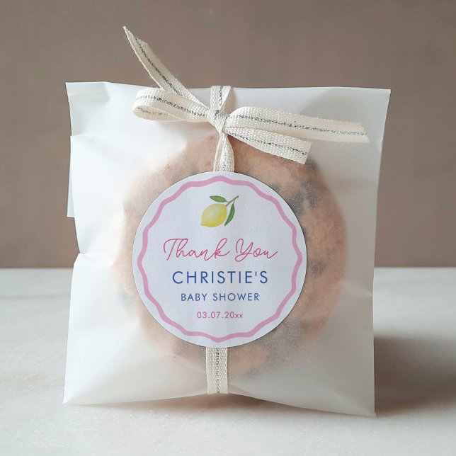 Pink Hand-Drawn Border Lemon Baby Shower Favour Classic Round Sticker (Pink boho citrus wavy border thank you favor stickers for baby girl shower or wedding shower)