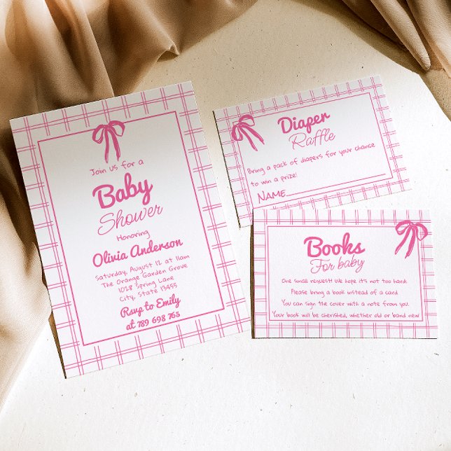 Pink Hand Drawn Bow Gingham Boho Girl Baby Shower  Invitation (Creator Uploaded)
