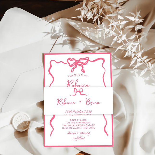 Pink Hand Drawn Bow Ribbon Sketch Wedding Invitation Belly Band (Creator Uploaded)