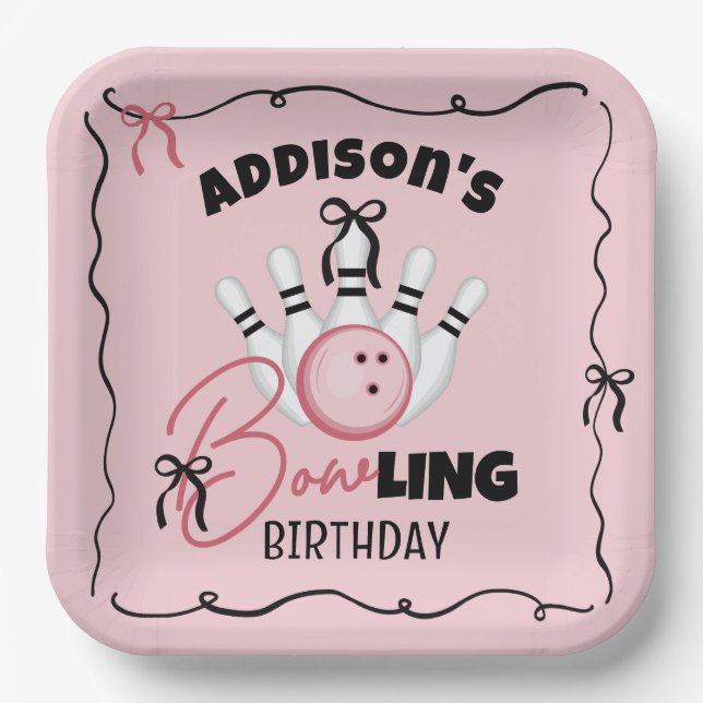Pink Hand Drawn BOWling Bows Girl Birthday Party Paper Plate (Front)