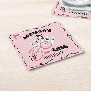 Pink Hand Drawn BOWling Bows Girl Birthday Party Square Paper Coaster