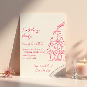 Pink Hand Drawn Champagne Tower Thirty Birthday  Invitation