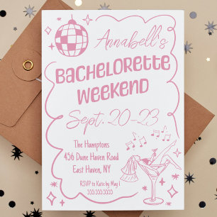 Pink Hand Drawn Disco Bachelorette Party Weekend Invitation