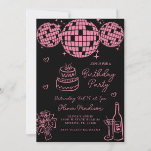 Pink Hand Drawn Disco Ball Champagne Birthday  Invitation