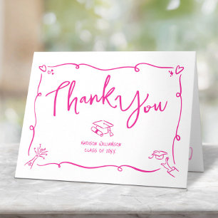 Pink Hand Drawn Doodle Style Graduation White Fun Thank You Card