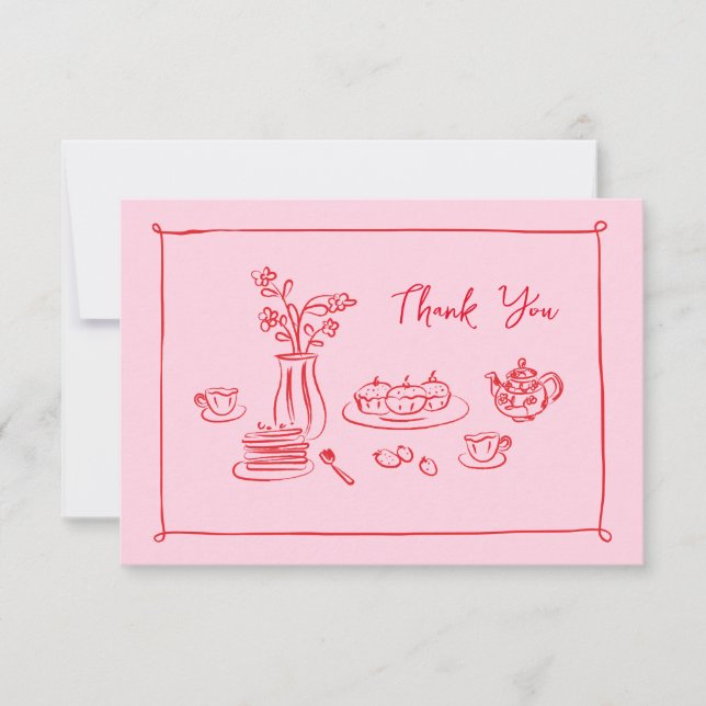 Pink Hand-Drawn Doodles Bridal Brunch Thank You Card (Front)