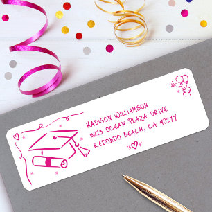 Pink Hand Drawn Doodles Graduate Cap White Address