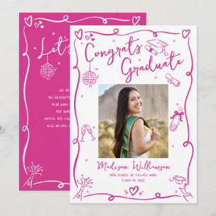 Pink Hand Drawn Doodles Graduate Photo White Retro Announcement
