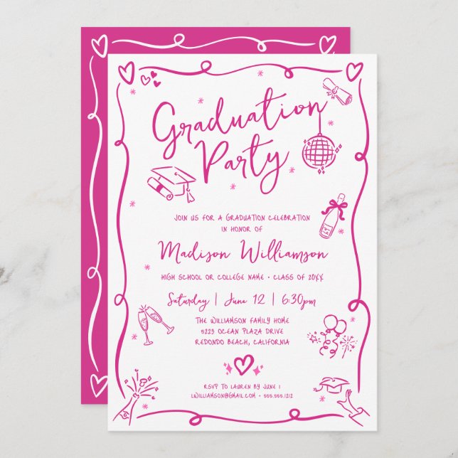 Pink Hand Drawn Doodles Graduation Fun White Party Invitation (Front/Back)