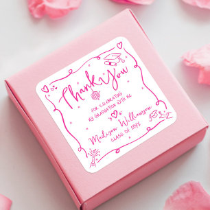 Pink Hand Drawn Doodles Graduation Thank You White Square Sticker