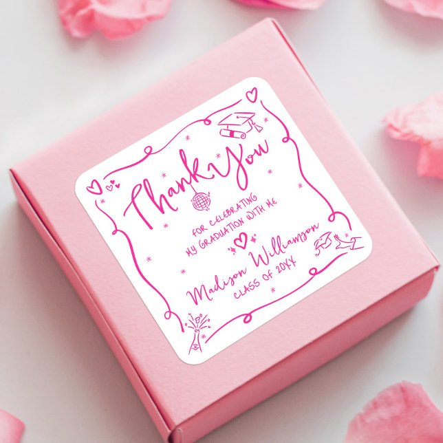 Pink Hand Drawn Doodles Graduation Thank You White Square Sticker (Creator Uploaded)