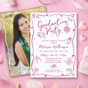 Pink Hand Drawn Doodles Photo Graduate White Party Invitation