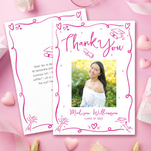 Pink Hand Drawn Doodles Photo Graduate White Retro Thank You Card