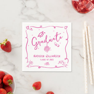 Pink Hand Drawn Doodles White Graduation Quirky Napkin