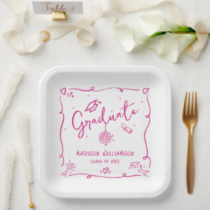 Pink Hand Drawn Doodles White Graduation Quirky Paper Plate