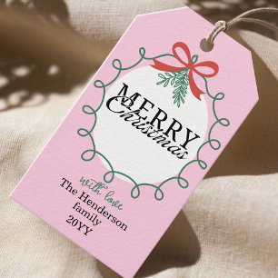 Pink Hand-drawn frame mistletoe Merry Christmas  Gift Tags