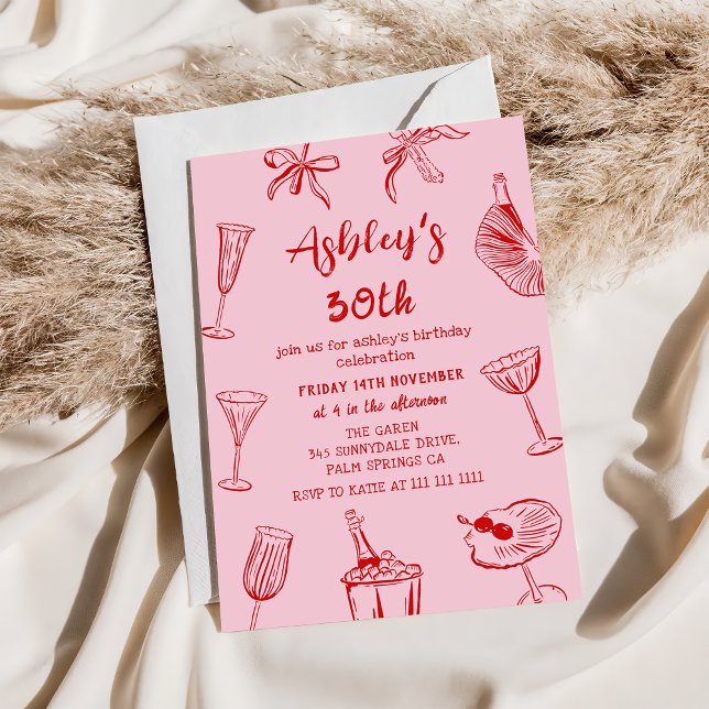 Pink Hand Drawn Funky 30th Birthday Party Invitation (Creator Uploaded)