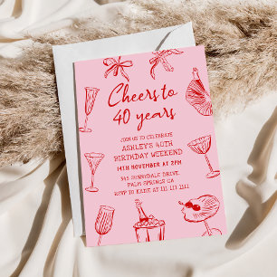 Pink Hand Drawn Funky 40th Birthday Party Invitation