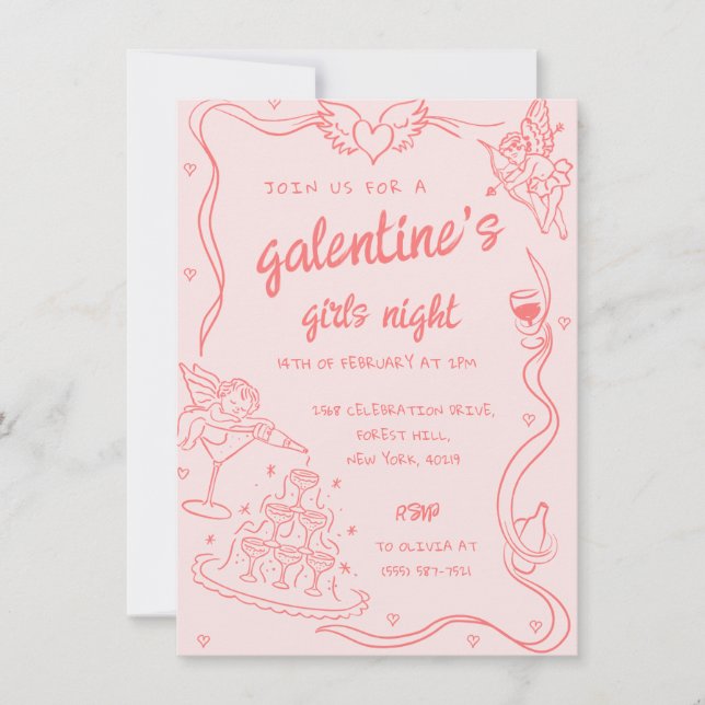 Pink Hand Drawn Galentine's Girls Night Party Invitation (Front)