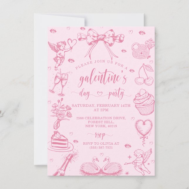 Pink Hand Drawn Galentine's Girls Night Party Invitation (Front)