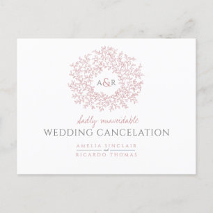 Pink hand drawn leaf monogram wedding cancellation announcement postcard