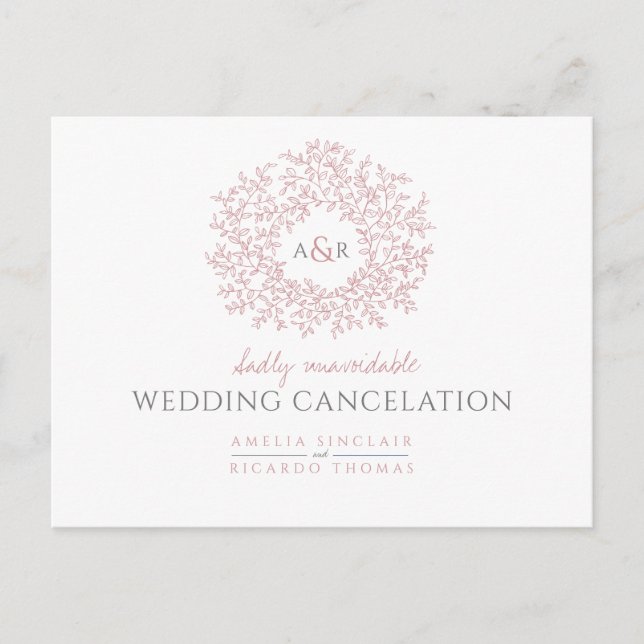 Pink hand drawn leaf monogram wedding cancellation announcement postcard (Front)