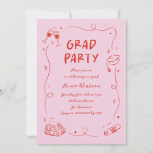 Pink Hand-Drawn Scribble Doodles Graduation Party Invitation