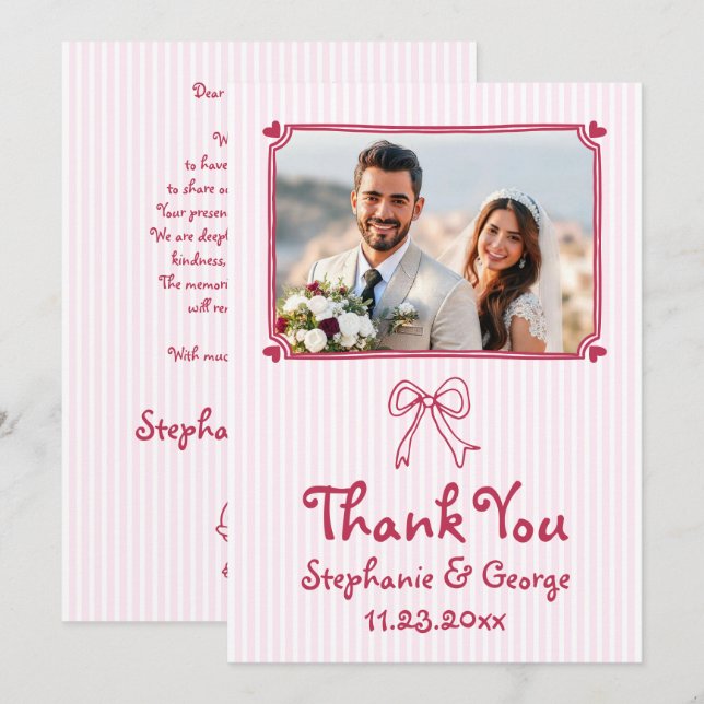 Pink hand drawn scribble whimsical photo wedding thank you card (Front/Back)