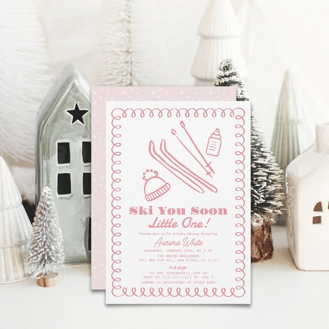 Pink Hand-Drawn Ski Girl Baby Shower Invitation (Creator Uploaded)