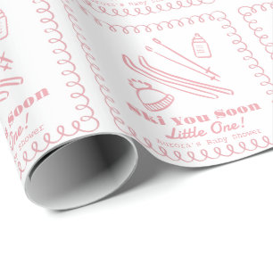 Pink Hand-Drawn Ski You Soon Girl Baby Shower Wrapping Paper