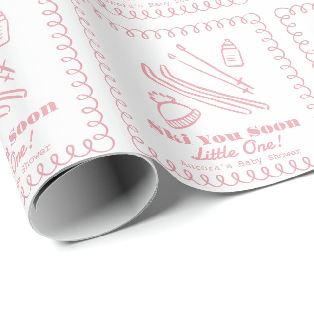 Pink Hand-Drawn Ski You Soon Girl Baby Shower Wrapping Paper (Roll Corner)