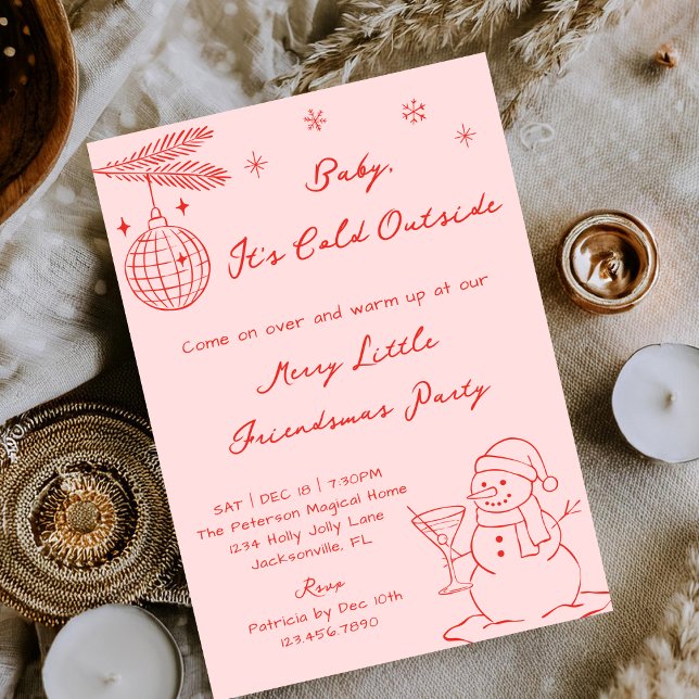 Pink Hand Drawn Snowman Friendmas Christmas Party Invitation (Creator Uploaded)