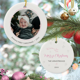 Pink Hand Drawn Stars Baby First Christmas Photo Ceramic Tree Decoration