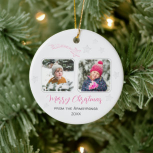Pink Hand Drawn Stars Family 4 Photo Christmas Ceramic Tree Decoration