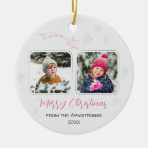 Pink Hand Drawn Stars Family 4 Photo Christmas Ceramic Tree Decoration