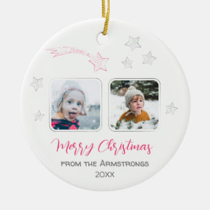 Pink Hand Drawn Stars Family 4 Photo Christmas Ceramic Tree Decoration